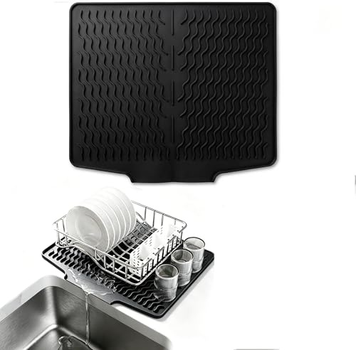 Alfombrilla Escurreplatos Silicona con Pendiente [Autodrenante], 40x33cm Escurridor de Platos Inclinado para Fregadero y Encimera, Bandeja con Salida de Agua Anti-acumulación, Anti-moho, Negro