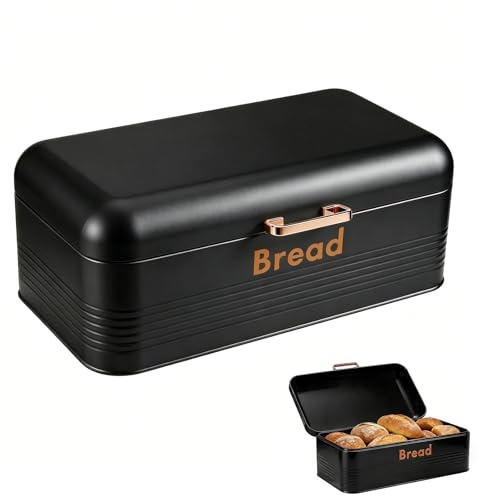 Yuecda large Metal Bread Box, Kitchen Countertop Storage with Hinged Lid Ventilated Back to keep Contents Fresher for longer(Black and Rose Gold)