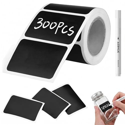 300 Etiquetas Adhesivas Pizarra para Botes de Cocina, Pegatinas Impermeables PVC 5.5x3.5cm con 1 Rotulador Blanco, Etiquetas para Tarros de Especias, Despensa, Congelador y Organización Hogar