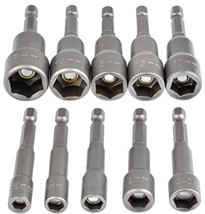 TIMESETL 6-15mm Magnetic Nut Setter Driver Drill Bit Set 1/4 inch Hex Shank Quick Change Metric Nut Driver Set - 10pcs