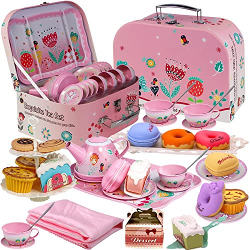 Gifts2U Tea Party Set Toy Including Dessert, Cookies, Doughnut, Teapot Tray Cake Age 3+, Tablecloth & Carrying Case, Kitchen Pretend Play for Kids +