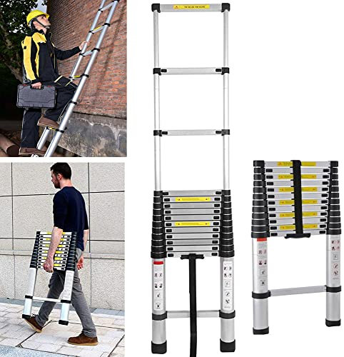 3,2m Teleskopleiter Aluminium Leiter Ausziehleiter Rutschfesten Anlegeleiter 11 Sprossen, Tragbare Mehrzweckleiter Robust Loftleiter 150KG Tragkraft EN131