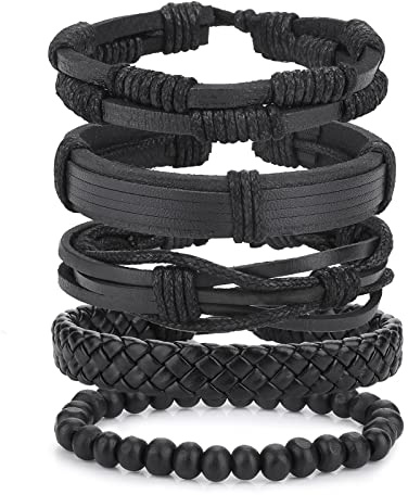 Yolev 6 Piezas Pulsera Hombre Cuero Punk para Mujer Encanto Cruzado Negro Marrón Pulseras de Cuero Ancha Brazalete Correa para la Muñeca Longitud Ajustable Hombre