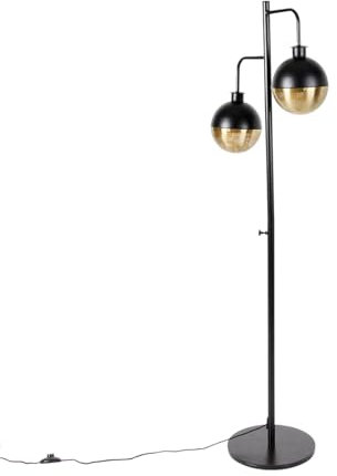 QAZQA - Industrie I Vintage I Industrie I Vintage I Stehleuchte I Stehlampe I Standleuchte I Lampe I Leuchte schwarz mit Messing 2-flammig – Haicha I Wohnzimmer I Schlafzimmer - Stahl Kugel I Kugelför