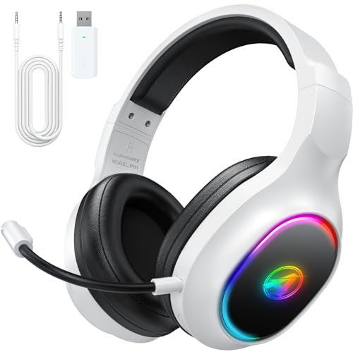 Awinnasey 2.4GHz Wireless Gaming Headset with Wired Mode, 5.4 Bluetooth Wireless Headphones for PS5, PS4, PC, Switch, Mac, Computer, Gaming Headset with Microphone, LED, Low Latency, White