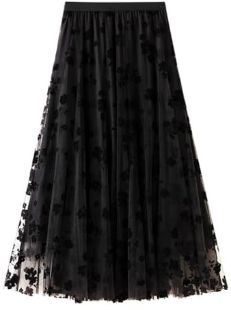 Floral Skirts for Women Midi Length High Waisted A Line Cute Teens Mesh Tutu Fairy Pleated Layered Tulle Skirt(Black, One Size)