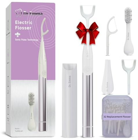 Dr. Emma Hilo dental eléctrico de vibración con púas de hilo dental reemplazables y cepillo de dientes, hilo dental eléctrico para adultos, kit de hilo dental para limpieza de dientes, alternativa de