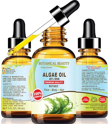 Botanical Beauty ALGAE OIL Omega 3 Oil 40% DHA, 100% Natural for FACE, SKIN, BODY, HAIR, NAILS 1 Fl.oz.- 30 ml Skin Moisturizer Oil, Skin Nourishing Oil