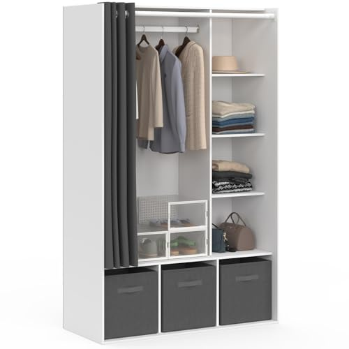 IDMarket - Dressing penderie DIANE 105 x 45 x 167 cm blanc avec étagères + boites de rangement + rideau gris