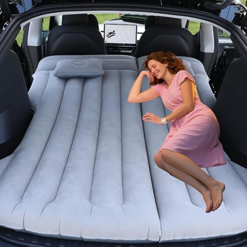 Canareen Reinforced Air Mattress for SUV RV Tesla Model Y,Portable Inflatable Mattress,Flocked Inflatable Mattress for Back Seat with Power Pump Camping, Travel Cot, Hiking, Tent, Beach, Home (Grey)