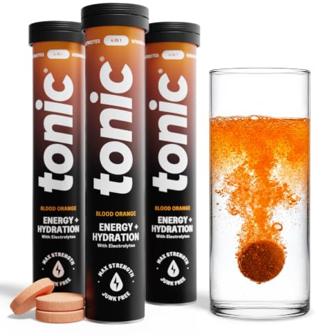 Tonic Health Energy and Hydration Tablets - 15 Vitamins, Minerals, Plants with Panax Ginseng, No Sugar Effervescent Multivitamins - Rehydration Electrolytes Tablets, Blood Orange 60 Count