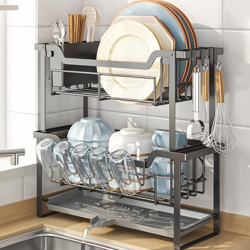 Escurreplatos 2 Niveles Vertical Fregadero Cocina Ahorro Espacio Negro
