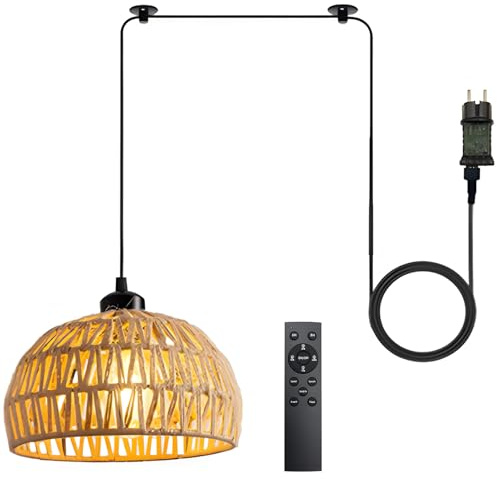 Xevinas Hängelampe Mit Stecker, Rattan Lampenschirm Boho Lampe, Dimmbare Pendelleuchte Mit Fernbedienung, 4 Lichtmodi, E27 Lampe Hängend Für Schlafzimmer, Wohnzimmer, Balkon, Garten, 5m Kabel (B)
