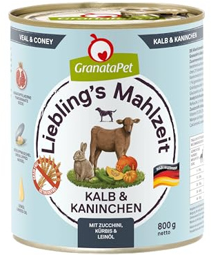 GranataPet Pasto preferito vitello & coniglio, cibo umido per cani, cibo per cani senza cereali e senza zucchero, alimento completo, 6 x 800 g