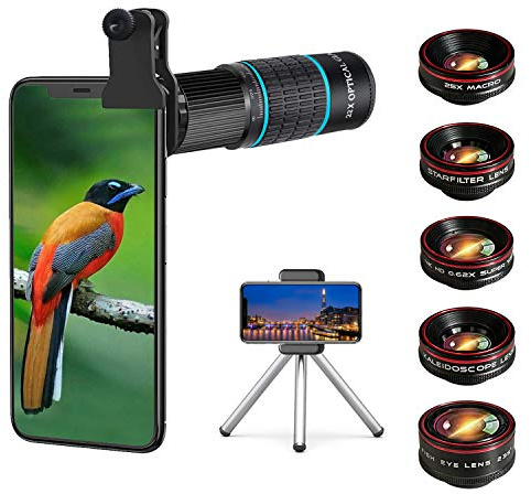 Phone Camera Lens Kit 10 in 1 for iPhone Samsung Pixel Android, 22X Telephoto Lens, 0.62X Super Wide Angle Lens&25X Macro Lens, 235° Fisheye,Kaleidoscopes, Starlight，Tripod，for Most Smartphone Black