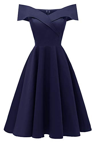 Lazzboy 50s Rockabilly Damen Kleid Baumwolle Schulterfrei Swing Party Festlich(Marine,S)