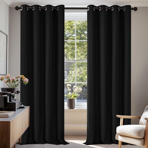 Deconovo Gardiner mörkare öljetter Gardiner sovrum termo gardin öljetter, 200x140 cm (höjd x bredd), svart, uppsättning med 2 | Värmeisolerande, varm och kall, dämpar buller, modern och elegant med öljetter, för sovrum och vardagsrum