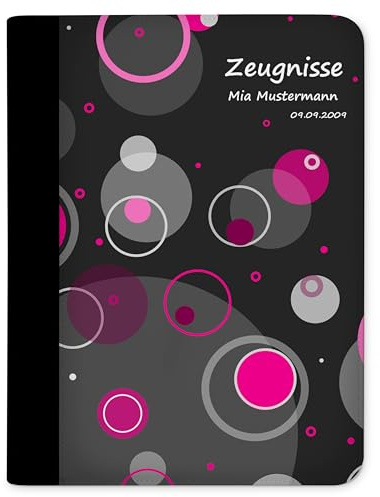 CreaDesign Zeugnismappe A4 mit Namen personalisiert für Kinder – Kreise Pink – Dokumentenmappe Schule ohne Klarsichthüllen