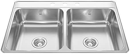 Kindred Creemore 33-in LR x 22-in FB x 7-in DP Drop In Double Bowl 3-Hole Stainless Steel Kitchen Sink, CDLA3322-7-3N