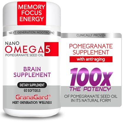 GranaGard Nano Pomegranate Supplement CLINICALLY Proven Brain Supplement with Anti Aging, Nanotech Delivers 100 Times The Power of Pomegranate Seed Oil in its Natural Form, 1 Bottle 60ct