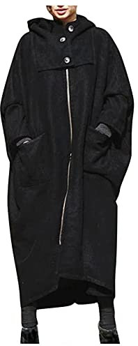Sudadera con capucha para mujer, larga, con capucha, botón, bolsillo con cremallera completa, para otoño e invierno, maxi, Negro , XXXXL