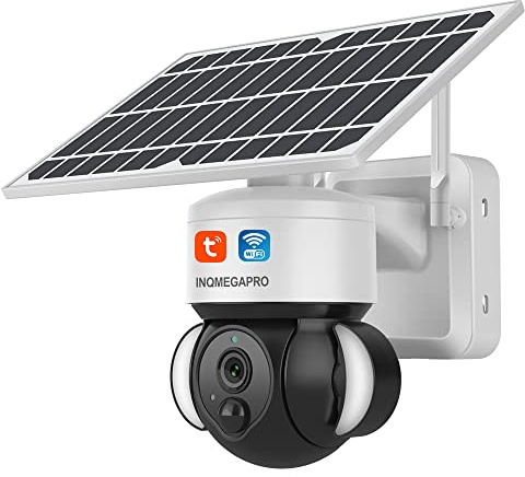INQMEGAPRO Cámara de Vigilancia WiFi Exterior con Solar Panel 5W y Batería 12000Amh, Visión Nocturna, Audio Bidireccional, Detección de Movimiento PIR, Tuya y Smart Life Camera (Blanco)