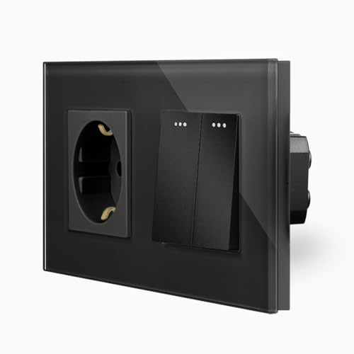 Wipp mechanischer Serienschalter/Lichtschalter + Steckdose/Buchse mit Glasrahmen in schwarz 2-Fach von Luxus-Time