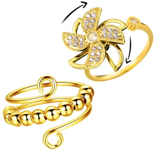 XiXiRan Ångestring, 2 st, fidget ring guld, justerbara damringar, snurrringar för kvinnor, anti-stressring, justerbar ångestring, legering, vintage modetillbehör, guld