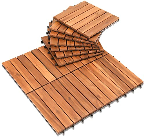 Ikodm Holzfliesen Terrassenfliesen Klickfliesen, 55x Platten Balkon Fliesen Garten 5m² 30x30 cm Holz Akazie Mosaik, 6 Slatte, für Terrassen und Balkon