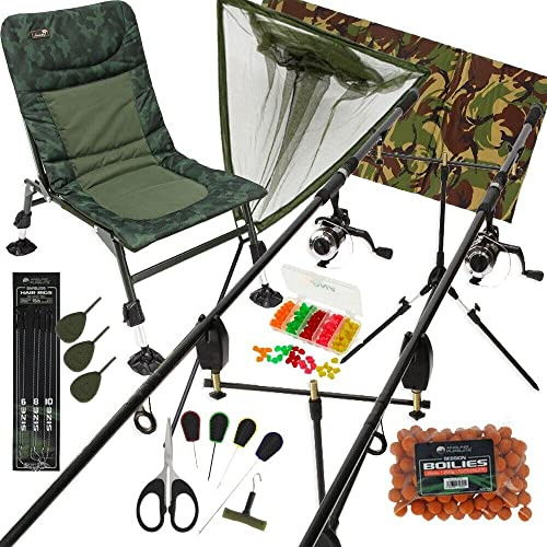 Carp Fishing Complete Setup with Rods Reels Alarms Camo Chair Landing Net Unhooking Mat Tackle & Bait (2 Rod Setup)