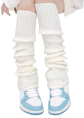 FeMereina Damen Lolita Strick-Beinstulpen, lange Socken, Harajuku, japanische Kawaii-Strickstiefelsocken, Winter, knöchelhohe Socke, weiß, One size