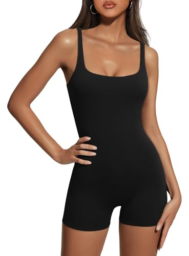 AUTOMET Womens Flattering Shaping Slimming Jumpsuit Supportive Stretchy Soft Romper for Workout Vacation Summer Outfits 2026 Black M