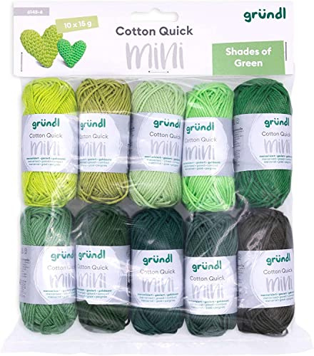 Gründl Wolle Cotton Quick Mini Shades 10 Miniknäuel 15 g, Grün | dünne Wolle zum Häkeln von kleinen Figuren - Glänzend und hautfreundlich - 100 % Baumwolle - 15 g / 37 m - Nadelstärke 3 - 4