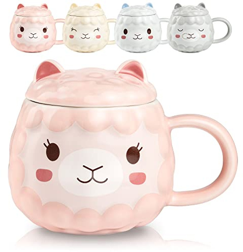 Engelshof Alpakatasse Alpaka Tasse mit Deckel Teetasse Kaffeetasse Tiertasse Lama Geschenk in Rosa