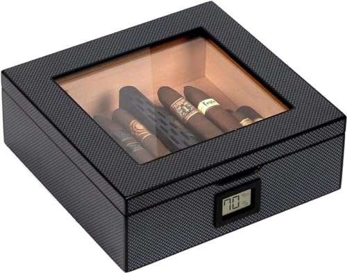 MAG Humidor, Top in vetro con sigillo magnetico, Deposito per 20-30 sigari, Fibra di carbonio con hardware nero lucido, Igrometro digitale, Cedro spagnolo, Nuovo canale idro, Soluzione Humidor