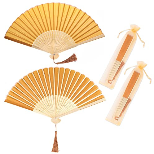 Vaktop Handheld Fan Folding, 2 Pcs Silk Hand Fans for Women Folding with Tassel and Fan Bag, Hand Fan Folding - for Gifts Dancing Cosplay Wedding Party Props Decoration (Gold)
