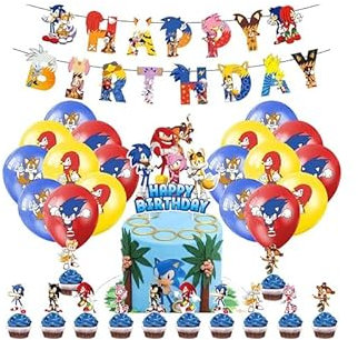 Dinoeye Sonic Birthday Party Supplies: 13pcs Cake Decorations, 18pcs Blue & White Cartoon Balloons, 1pcs Birthday Banner
