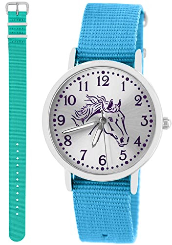 Pacific Time Kinderuhr Mädchen Pferdeuhr Geschenk-Set Hellblau 2 Armbänder | Geschenk für Mädchen: Pferdeuhr mit violettem Pferdekopf, 2 Armbänder, 5 ATM wasserdicht, günstiger als Einzelkauf