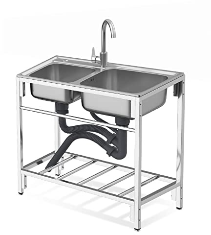 Fregadero grande de doble cuenco, fregadero comercial de acero inoxidable 304 con escurridor, fregadero portátil con agua fría y caliente，para lavandería, patio trasero, restaurante 83x44x77