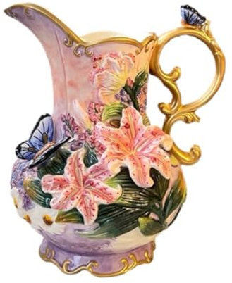 FORLONG Jarra de agua grande de cerámica, pintado a mano, diseño de lirio rosa y mariposa, soporte para ramo de decoración del hogar, 20,3 cm de alto