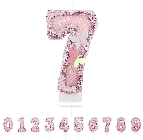 Geburtstagskerzen Zahlen 7,3D Schmetterling Geburtstagskerzen,Rosa Kerzen Geburtstag Zahl 7, Kuchen Topper Dekoration Kuchendeko Geburtstag, Geburtstagskerzen für Geburtstagsdeko