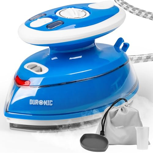 Duronic SI3 BE Mini Ferro da Stiro | Ferro da viaggio a vapore 400W | Serbatoio 35ml | Steamer portatile con base d’appoggio e borsello da viaggio | Per lavori di cucito, quilting | Blu