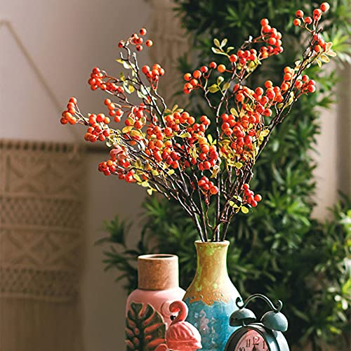 Largo de Flores Artificiales Flores Falsas Tallos de Bayas Rojas Artificiales Ramas de Bayas de Acebo de Navidad para Decoraciones de Guirnaldas de árboles de Navidad Decoración para el(naranja 4)