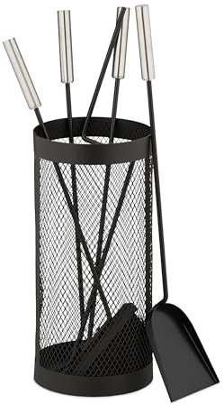 Relaxdays Set da 5 Attrezzi da Camino, Attizzatoio, Paletta, Scopino, Pinza e Cestino Porta Utensili, in Acciaio, Nero, Inox, 56 x 17 cm