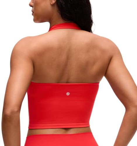 CRZ YOGA Butterluxe Halter Crop Linnen | Lätt stöd, Avtagbara vadderingar, Yoga, Extremt mjuk, Öppen rygg, Långa sport-BH:ar för kvinnor