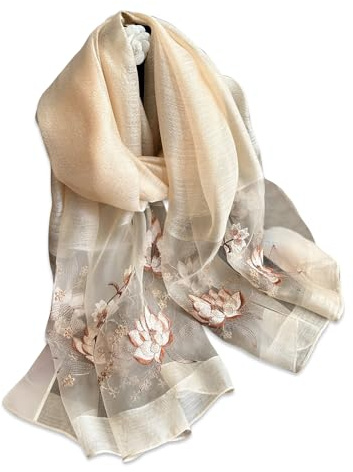 LumiSyne Sciarpa Di Seta Di Gelso Foulard Chiffon Donna Delicato Ricamo a Fiore Di Loto Tulle Trasparente Leggero Morbido Sciarpa Lunga Scialle Di Protezione Solare Stole Primavera Autunno