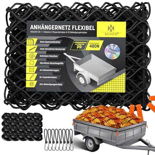 KESSER® Anhängernetz 1x2m Dehnbar feinmaschig | Hängernetz mit Spannseil & Netzkordel für Ladungssicherung elastisches Sicherungs-Netz Eckmarkierungen Expander-Haken & Befestigungsknöpfen Schwarz