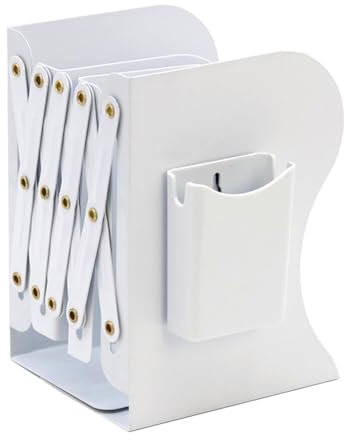 Verstellbare Buchstützen aus Metall mit magnetischem Stift-Organizer, Regale, Schreibtisch, Zeitschriftensammler, Organizer für Büro, Bücher, Papiere, Weiß
