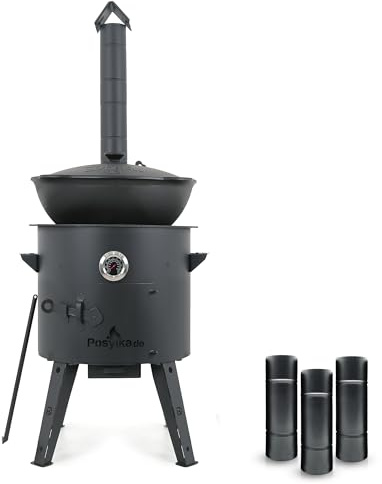 Utschak Feuerofen Ø 40 cm Herdplatte Ø43 cm 4 Ringe Kazan Ø 42,5 cm (12 L) runder Boden mit Thermometer Schornsteinverlängerung (Set - 552)