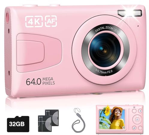 Pink Digital Camera with 32G SD Card, 64MP 4K Digital Camera Cheap 18x Zoom for Travel Party Youtube Portable Compact Retro Vlogging Camera for Kids Student Teens Adult Beginner